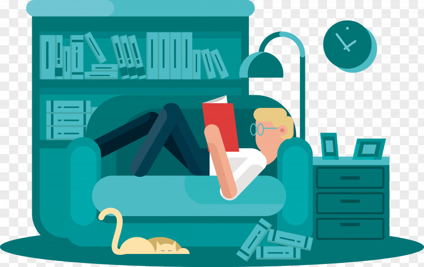Lie On The Sofa Reading A Book Cartoon Illustration PNG