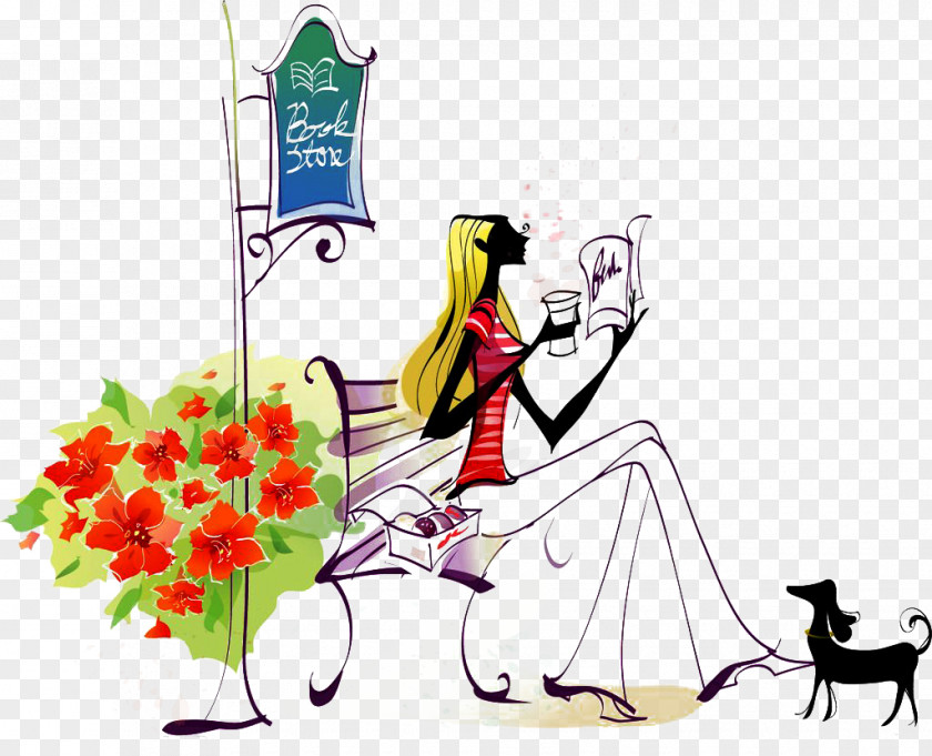 Beauty Sitting Tea Picture Material Reading Book Illustration PNG