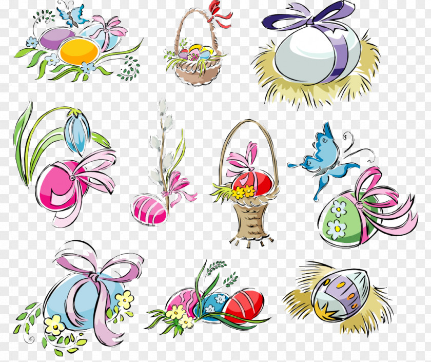 Flower Baskets And Eggs Easter Egg Drawing Holiday Pencil PNG