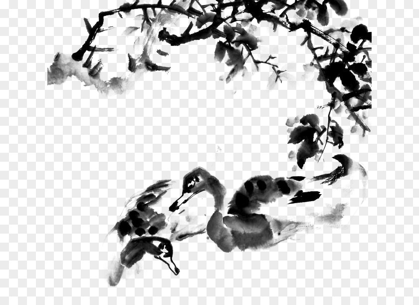 Mandarin Duck Ink Wash Painting PNG