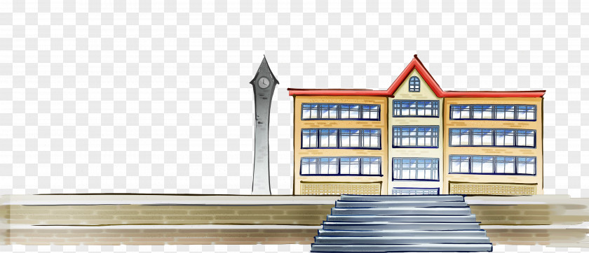 Retro Style Building Painted Stairs Student Estudante Cartoon Illustration PNG