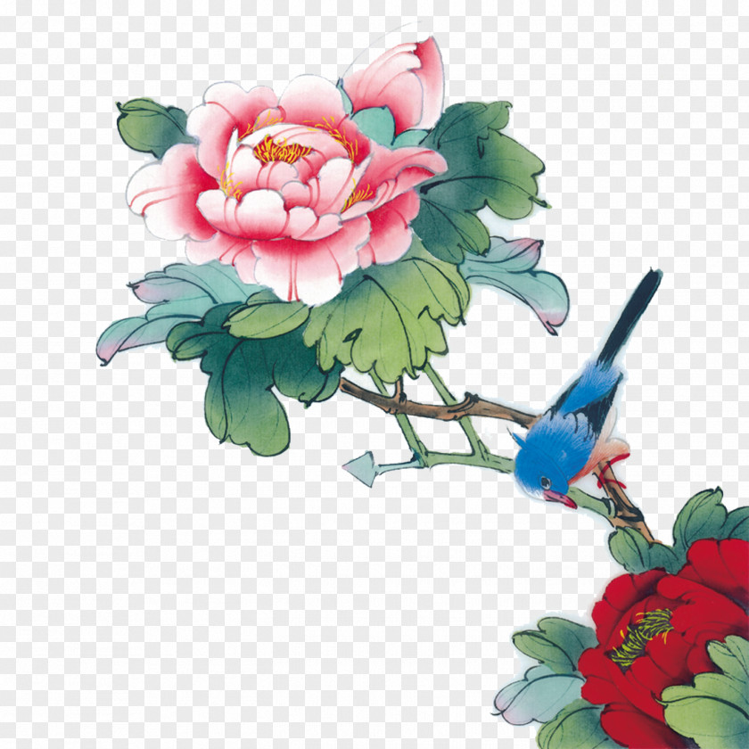 Birds And Flowers Gongbi Bird-and-flower Painting Moutan Peony PNG
