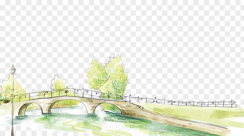 Hand-painted Bridge Trees River Watercolor Painting Fukei Illustration PNG