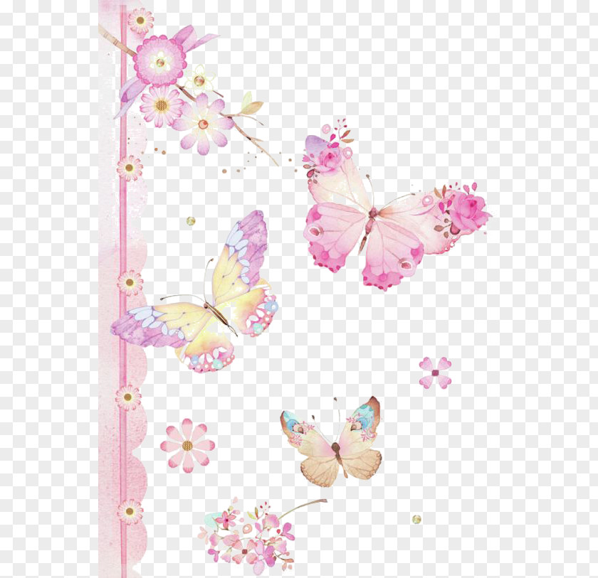 Hand-painted Pink Butterfly Background House Caterpillar Clip Art PNG