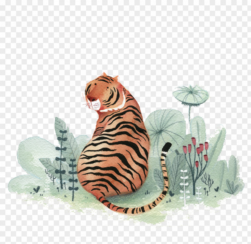 Exquisite Gouache Tiger Lotus Drawing Watercolor Painting Illustration PNG