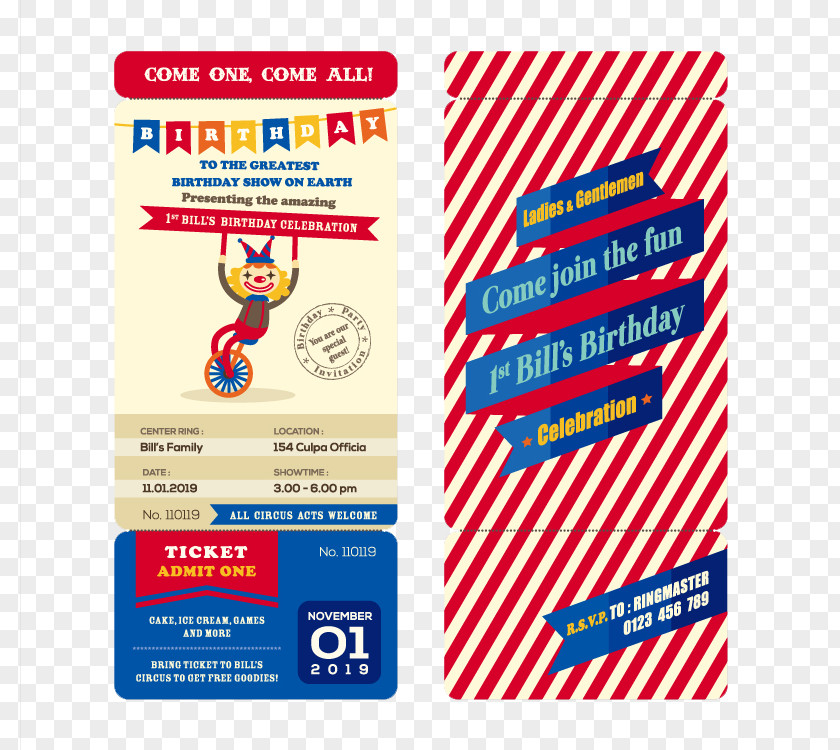 Creative Clown Vector Material Birthday Invitation Card Ticket Clip Art PNG