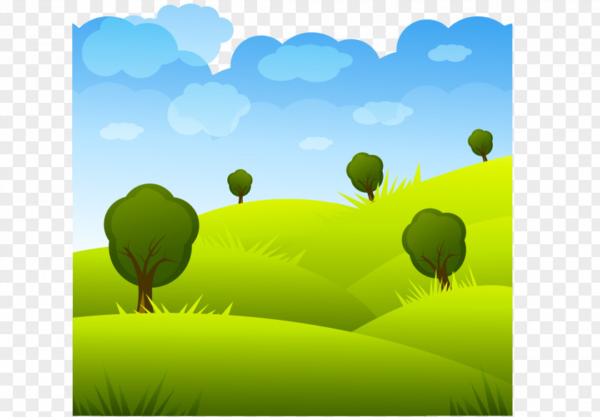 Vector Green Grass And White Clouds Natural Landscape Cartoon Illustration PNG