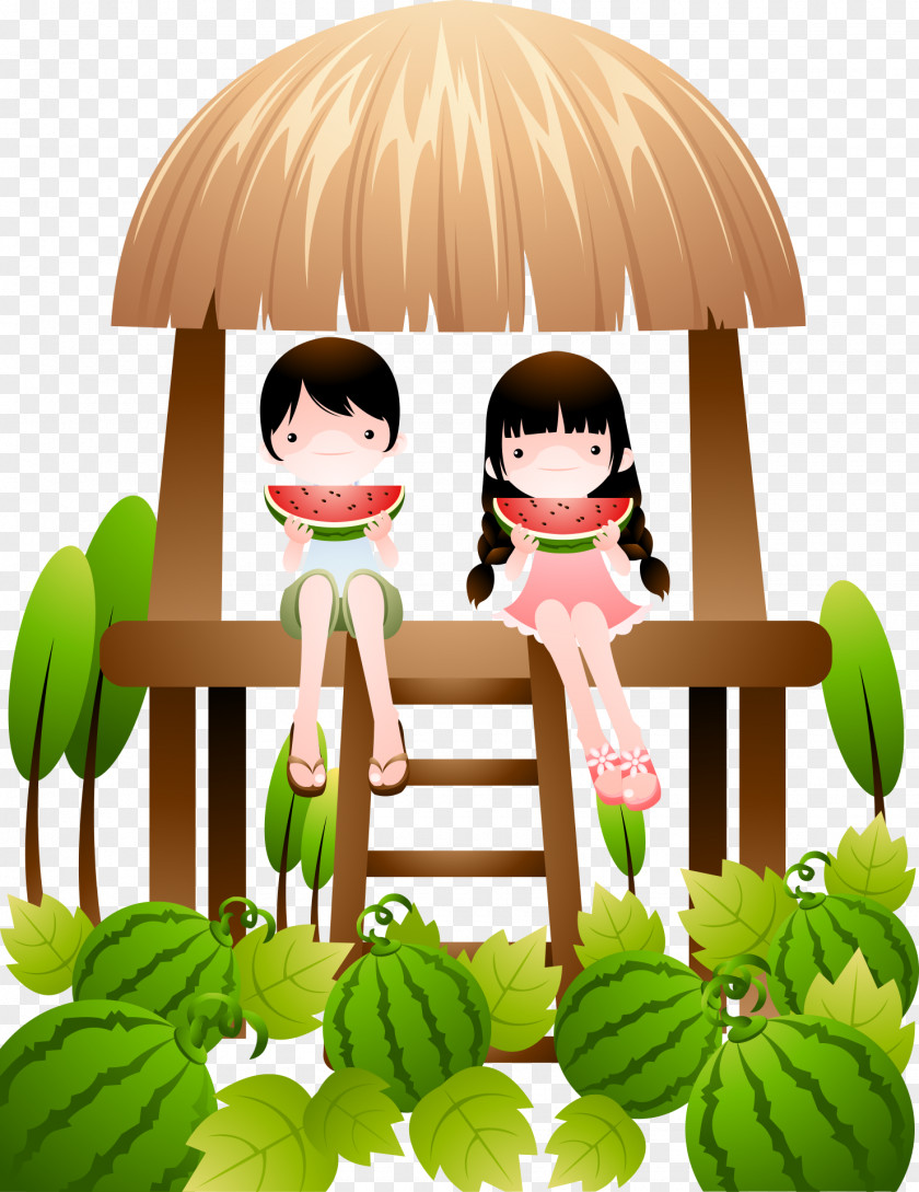 Eating Watermelon On The Pavilion Cartoon Children Child Illustration PNG