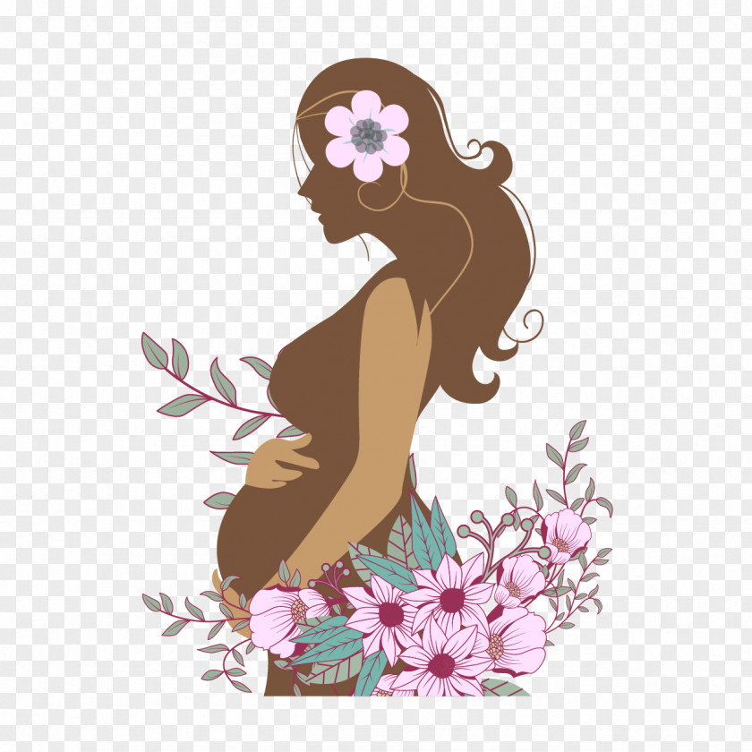 Vector Pregnant Woman Flowers Pregnancy Childbirth Clip Art PNG