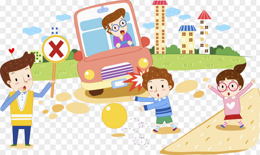 Children Play Road Traffic Safety Cartoon Illustration PNG