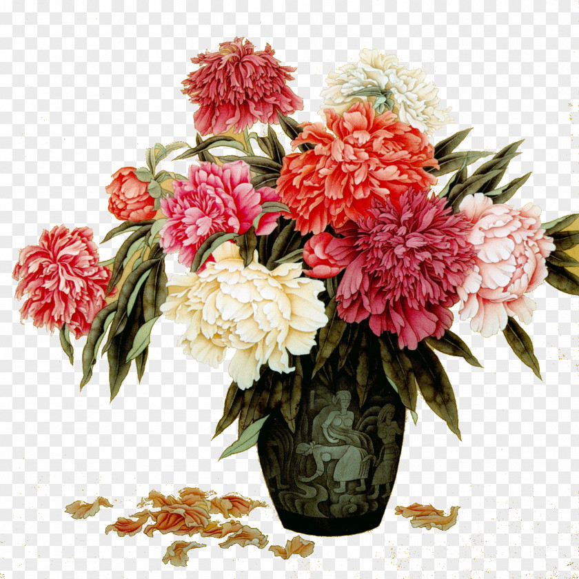 Peony Chinese Painting Vase Moutan Ink Wash PNG