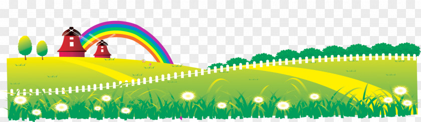 Beautiful Exquisite Cartoon Flowers Fresh Grass Background Path Rainbow Tree House Wallpaper PNG