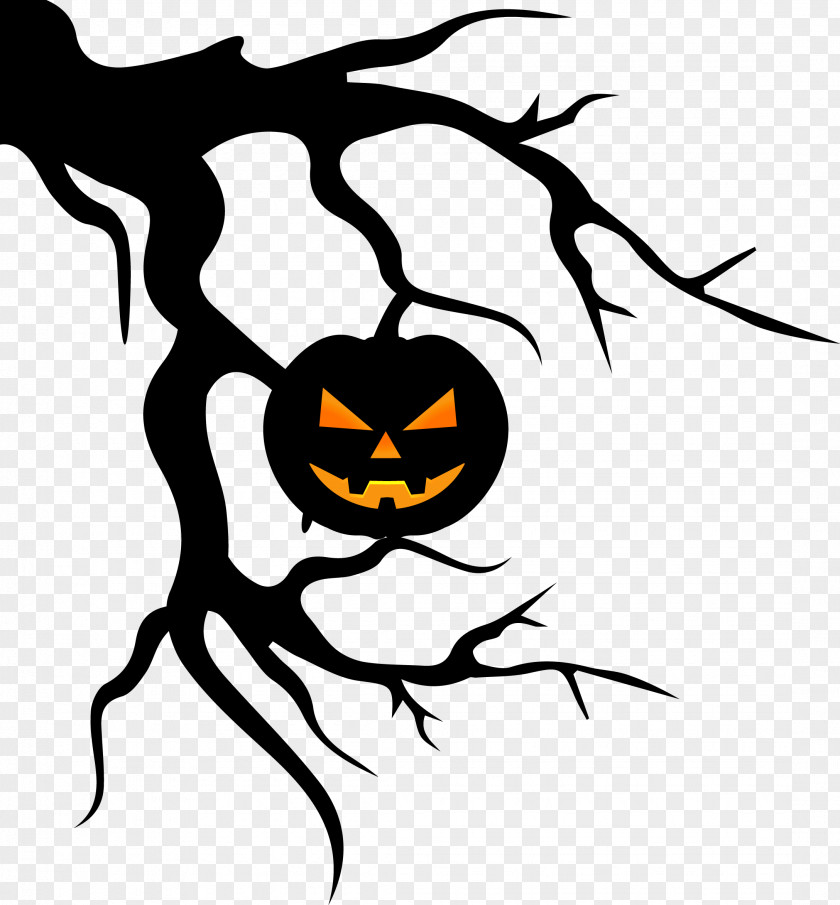 Blackandwhite Line Art Halloween Tree PNG