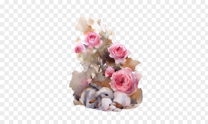 Rabbit Rose Ornament Creative Image Watercolor Painting Artist Painter PNG