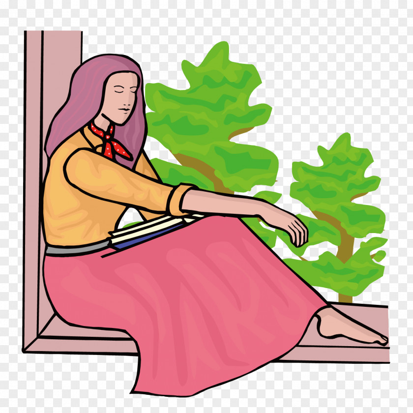 Woman Sitting On The Window Reading Cartoon Illustration PNG