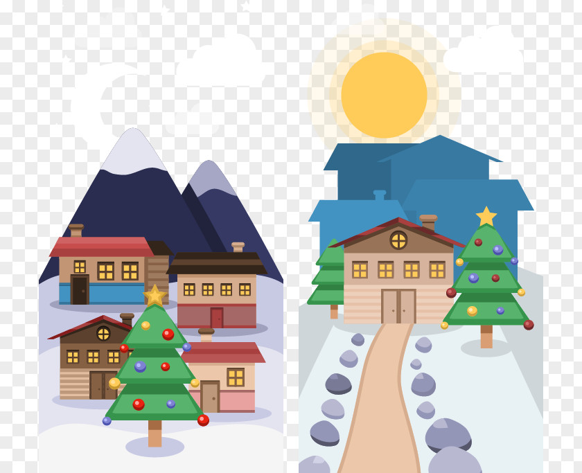 Town Day And Night Christmas Tree Landscape Poster Illustration PNG