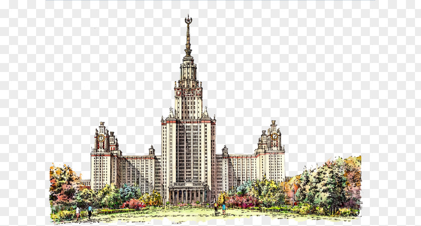 Hand-painted Building Moscow State University Architecture Stanford PNG