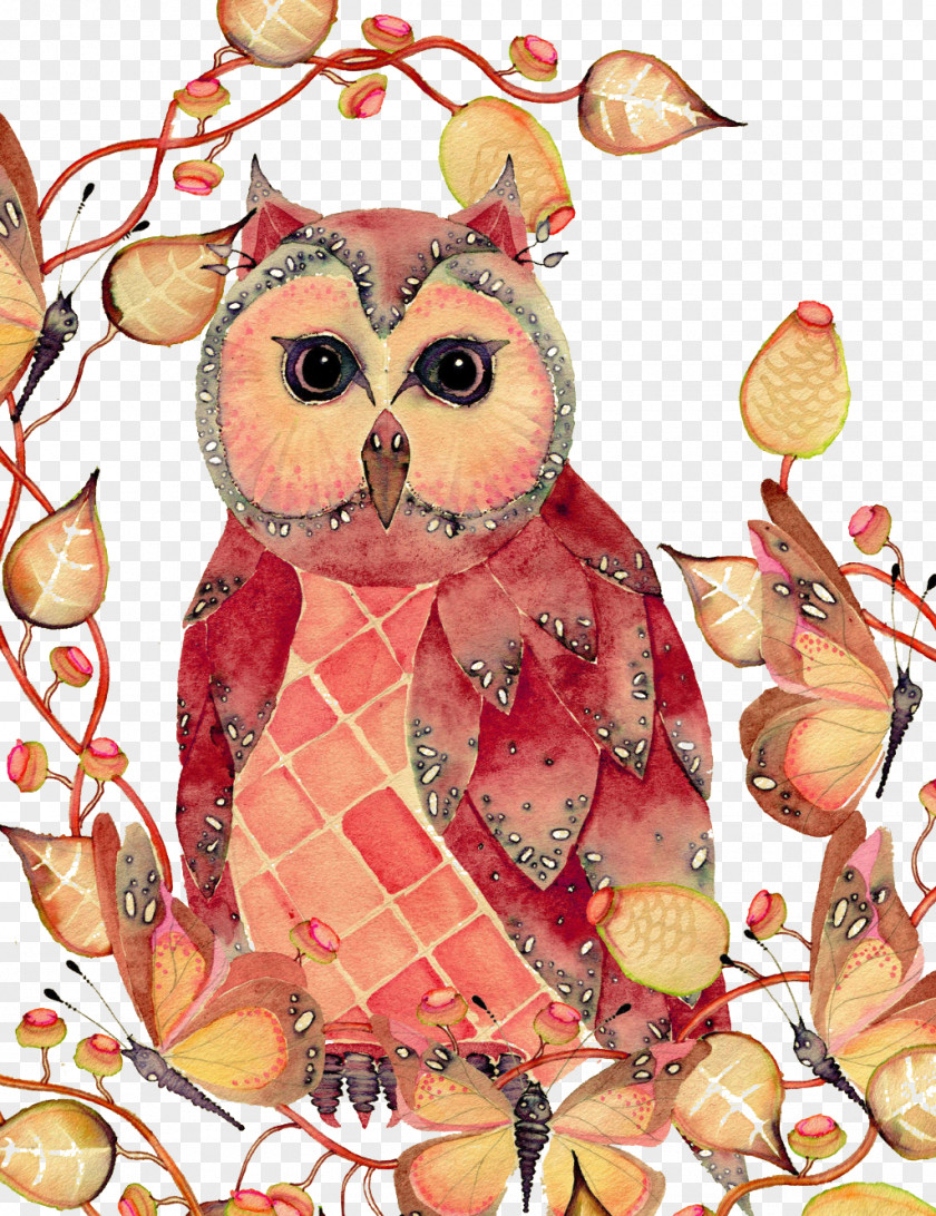Owl With Leaves Watercolor Painting Drawing Sketch PNG