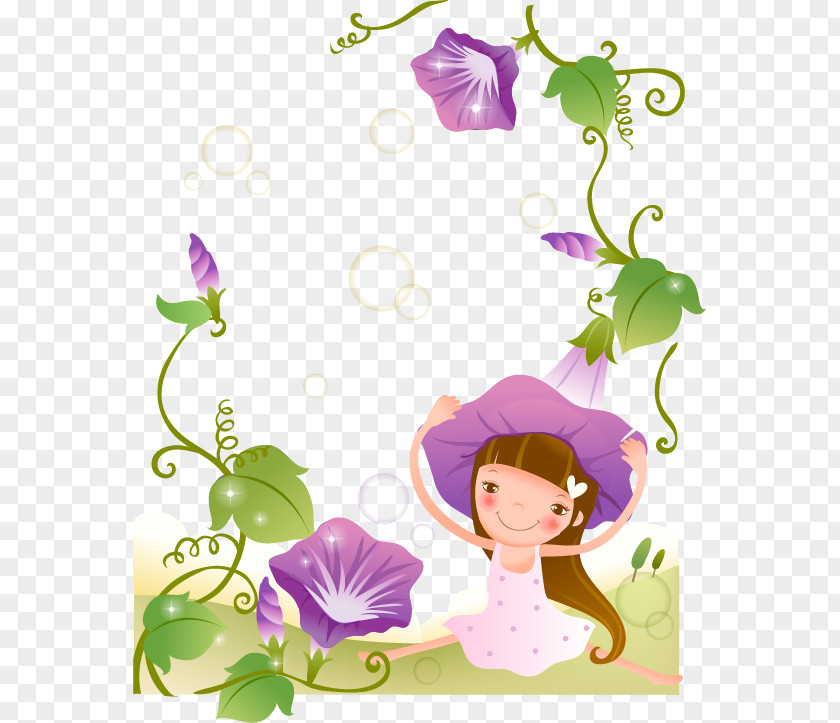 Cute Kids Cartoon Purple Morning Glory Ipomoea Nil Flower Illustration PNG