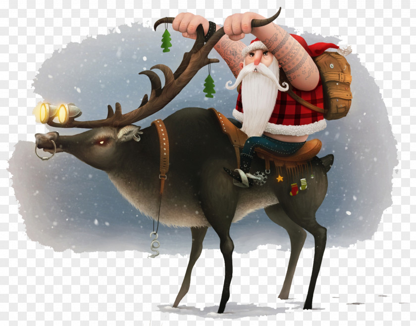 Santa Claus Riding Deer Horn Material Snow Reindeer Christmas Motorcycle Wallpaper PNG