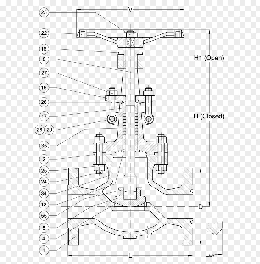 Handwheel Check Valve Bolt Technical Drawing PNG