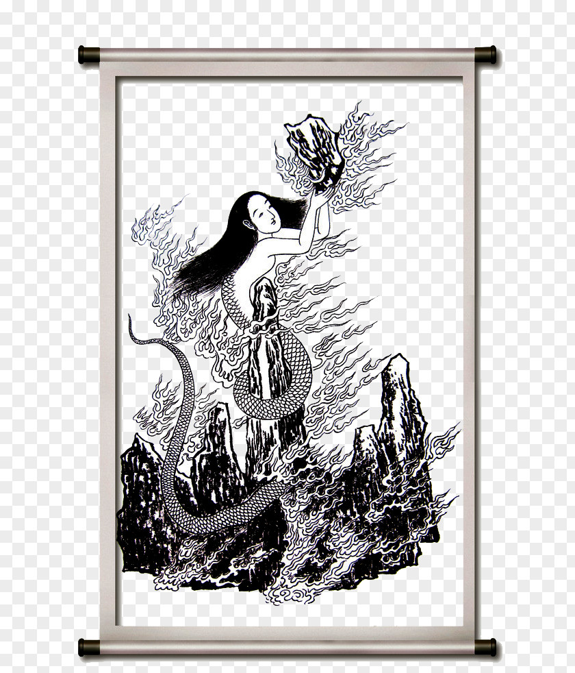 Nu Wa Scroll Painting Nxfcwa U53e4u756b Black And White PNG