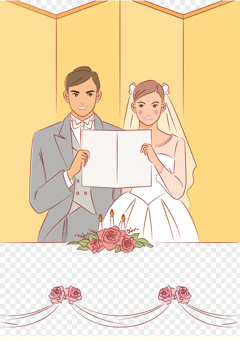 Cartoon Hand-painted Wedding Bride And Groom Read Love Vows Bridegroom Drawing PNG