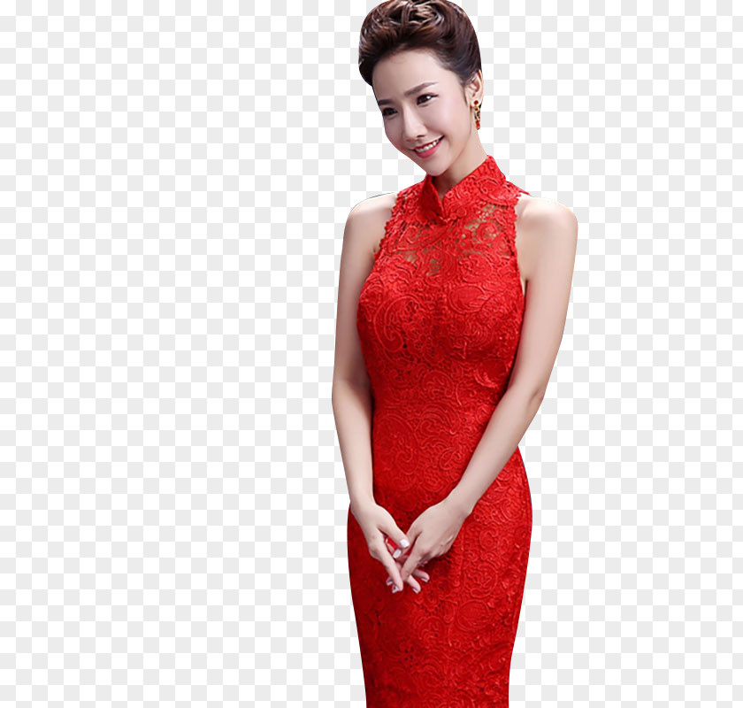 Red Lace Wedding Dress Cheongsam Sleeveless Shirt PNG