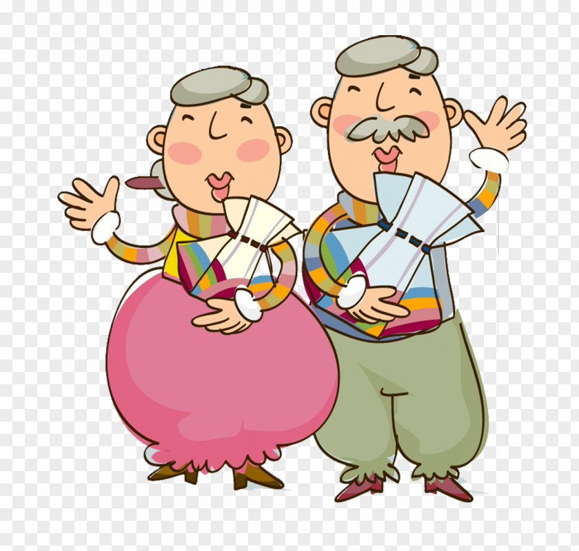 Holding The Flowers Waving Old Couple Cartoon Age Illustration PNG