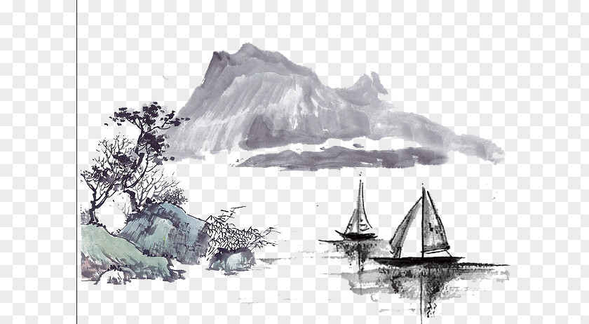 Mountain Ink Painting Wash Drawing PNG