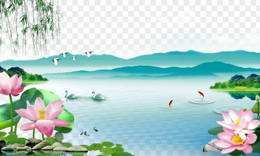 FIG Lotus Goldfish Painting Shan Shui Wall Wallpaper PNG