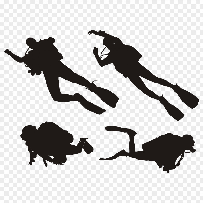 Silhouette Underwater Diving Scuba Clip Art Set Vector Graphics PNG