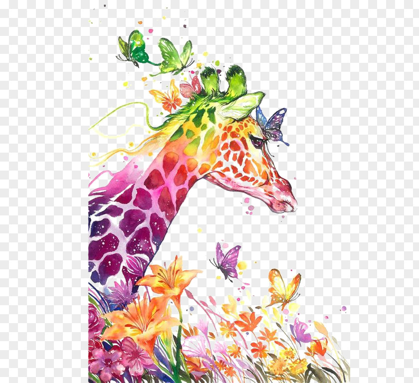 Watercolor Giraffe Painting Drawing Visual Arts Canvas Print PNG