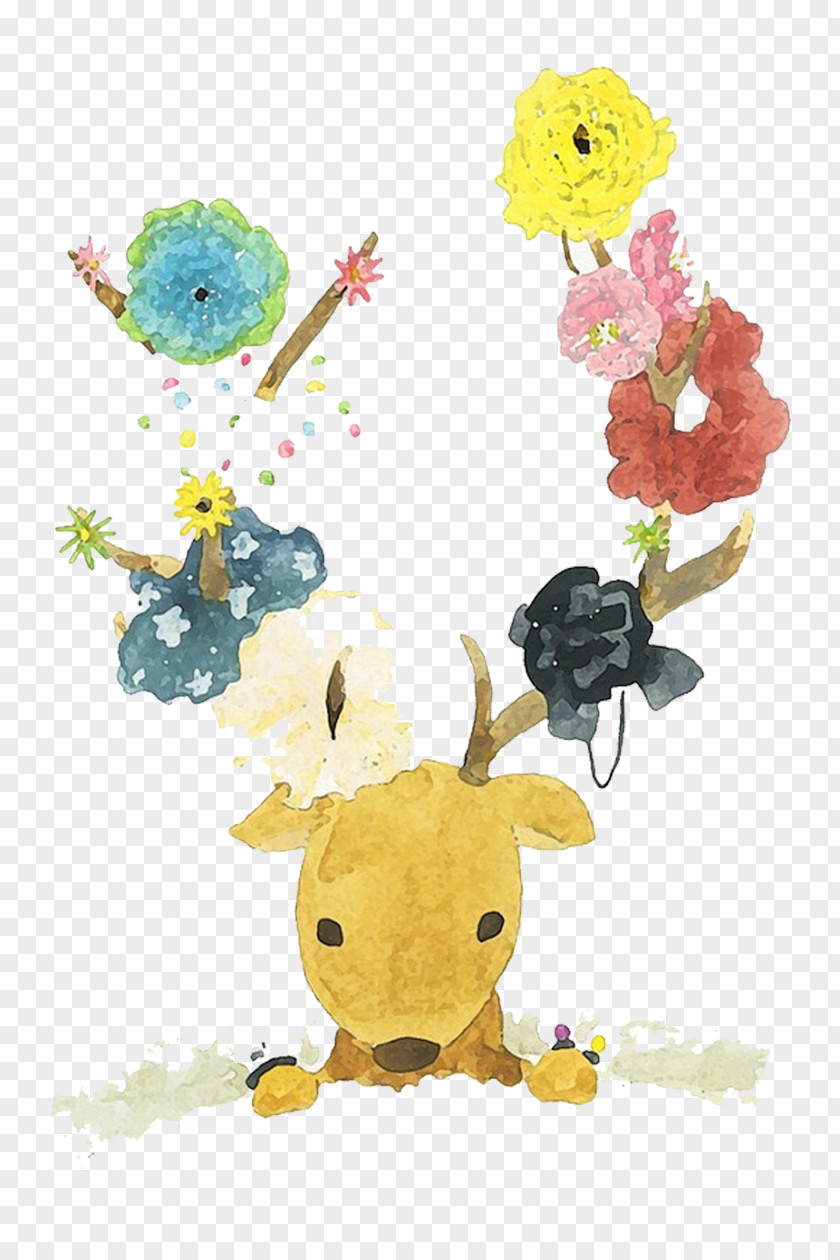 Watercolor Deer Watercolour Flowers Painting PNG