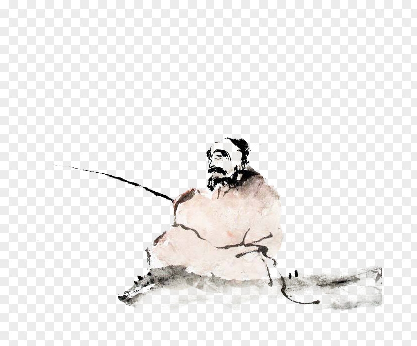 Chinese Wind; Elderly; Ink Fishing Illustration PNG