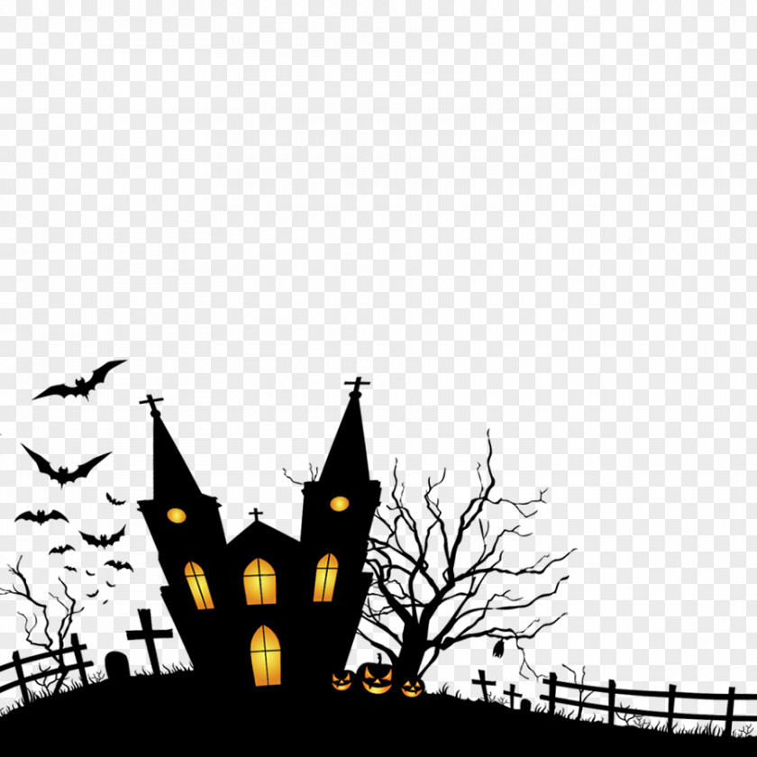 Black Silhouette Haunted House Halloween Theme Party Mask Wallpaper PNG