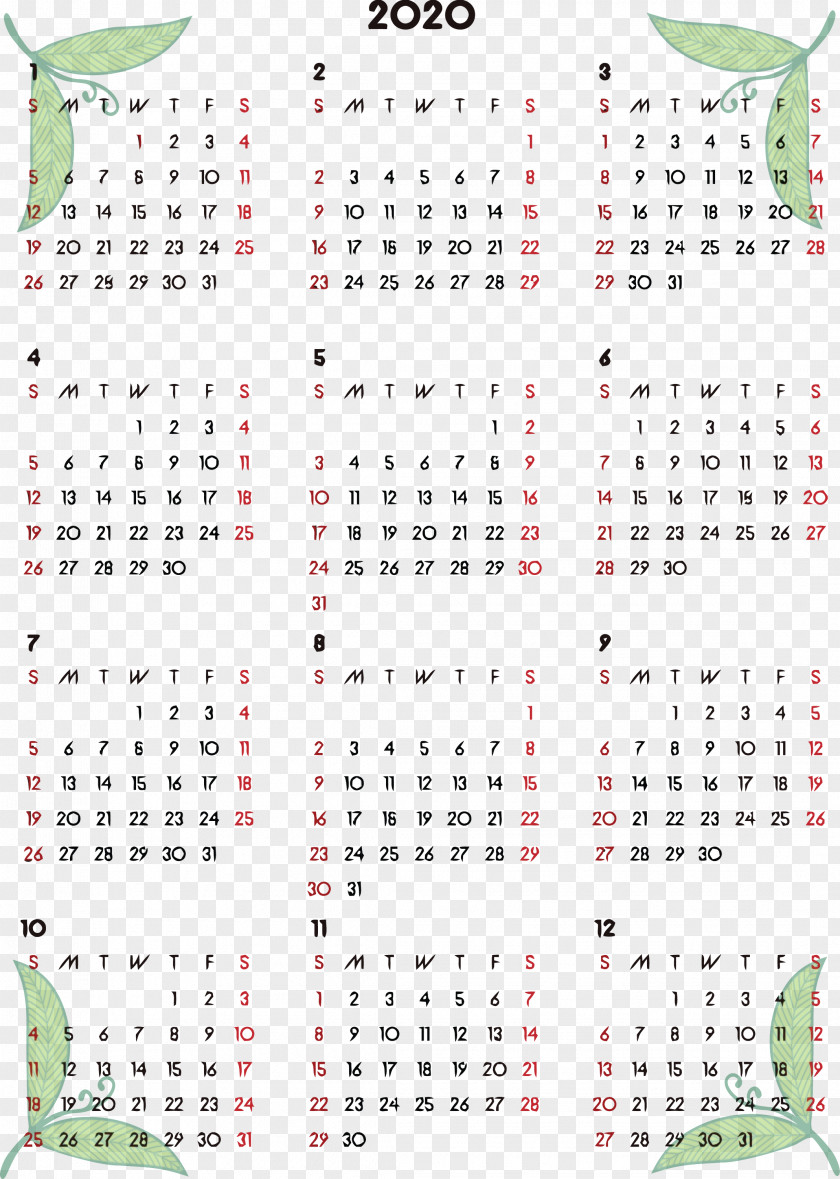 2020 Printable Calendar PNG