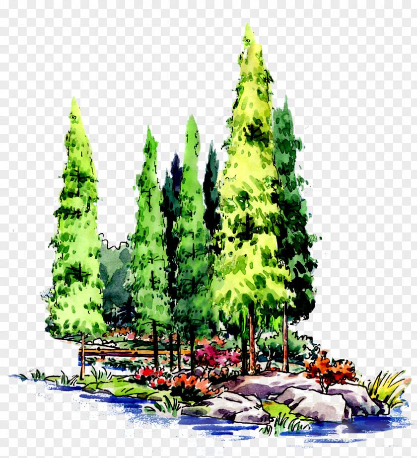 Flat Style Synthetic Painting Of Forest Tree Landscape Architecture PNG