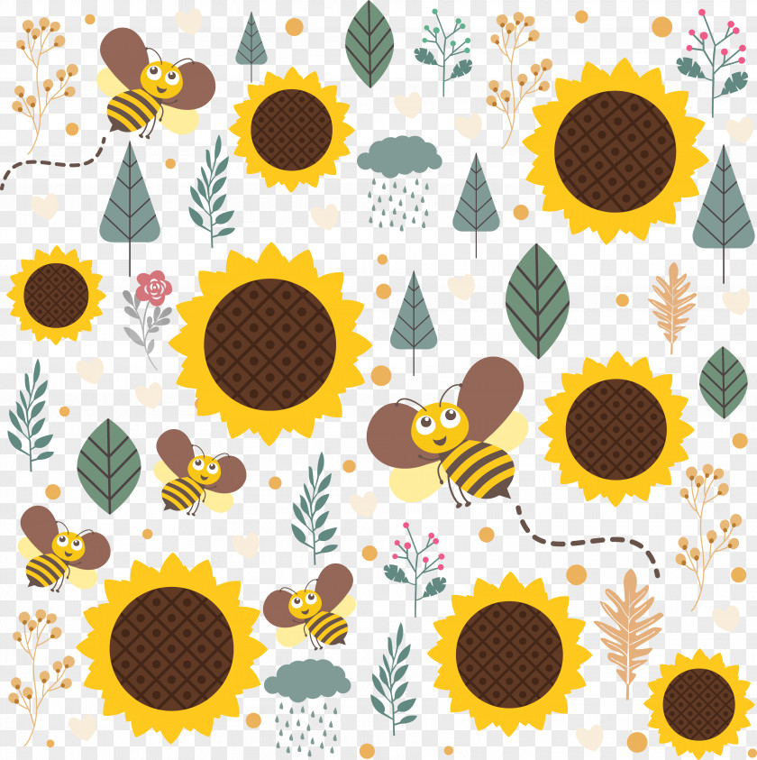 Cartoon Bee Sunflower Honey Common PNG