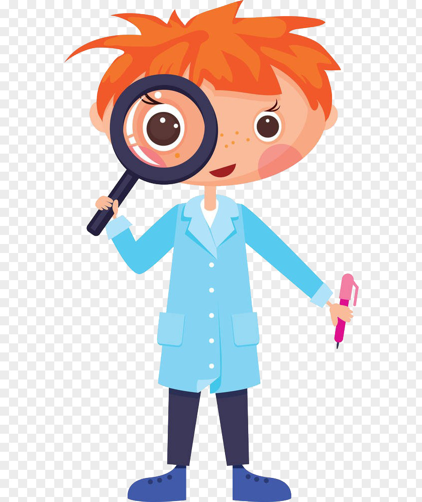 The Child Takes Magnifying Glass Scientist Cartoon Illustration PNG