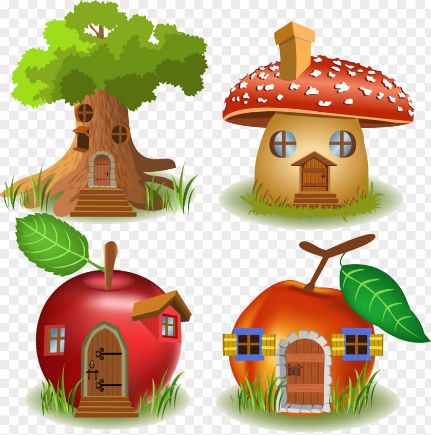 Apple Tree Room Mushroom Orange House Cartoon Illustration PNG