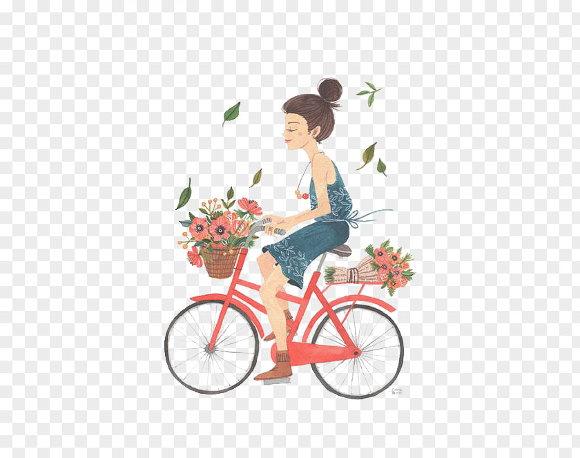 Illustrator Bicycle Drawing Illustration PNG Illustration, Blue skirt flower girl riding a red bicycle carrier clipart PNG