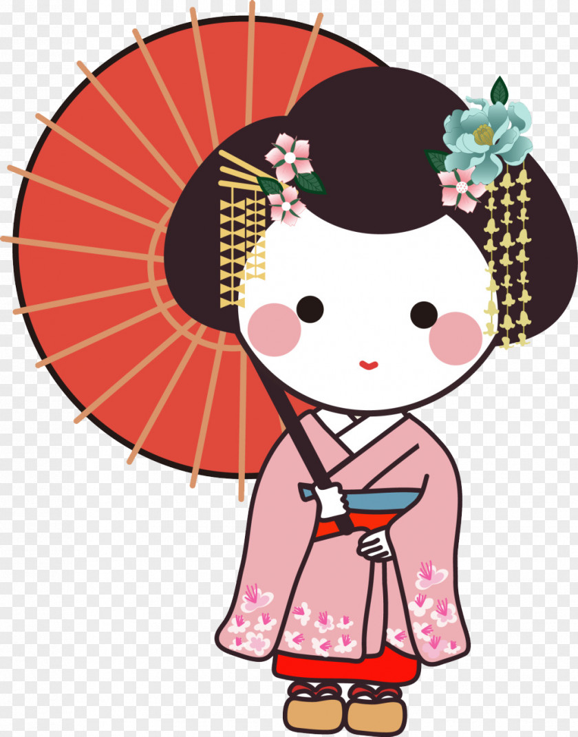 Japan Geisha Cartoon Make-up PNG Make-up, Umbrella Japanese girl, female wearing kimono holding umbrella illustration clipart PNG