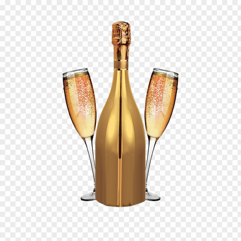 Gold Glass Bottle Champagne Wine Alcoholic Drink PNG