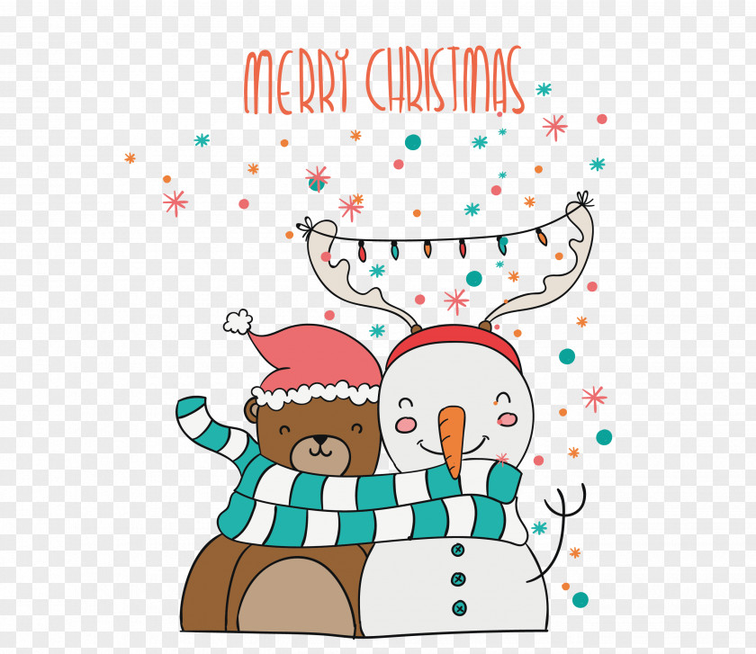 Cartoon Bear With Christmas Snowman Vector Card Greeting PNG
