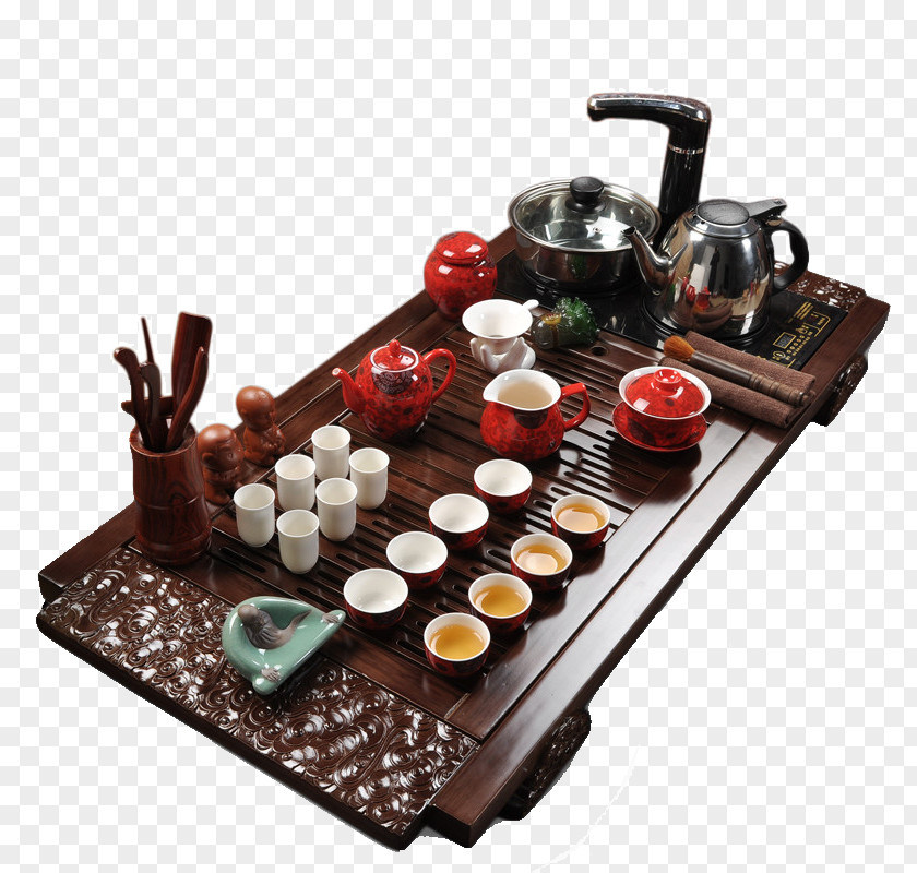 A Full Set Of Purple Kung Fu Tea Wood Tray Four Electric Magnetic Stove Teaware U8336u76d8 PNG