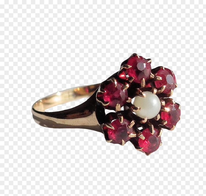 Bohemia F;ower Ruby Ring Estate Jewelry Pearl Garnet PNG