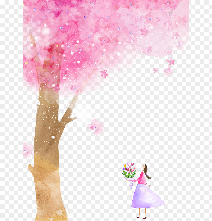Cherry Tree,girl Watercolor Painting Cartoon Illustration PNG