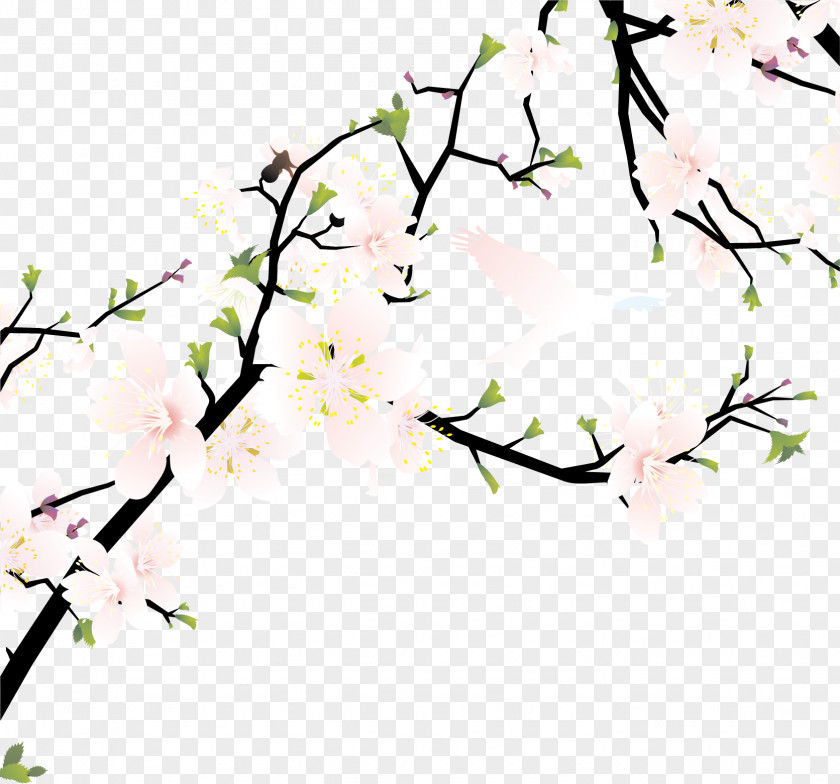 Pink White Fresh Peach Branches Cherry Blossom Flower Illustration PNG