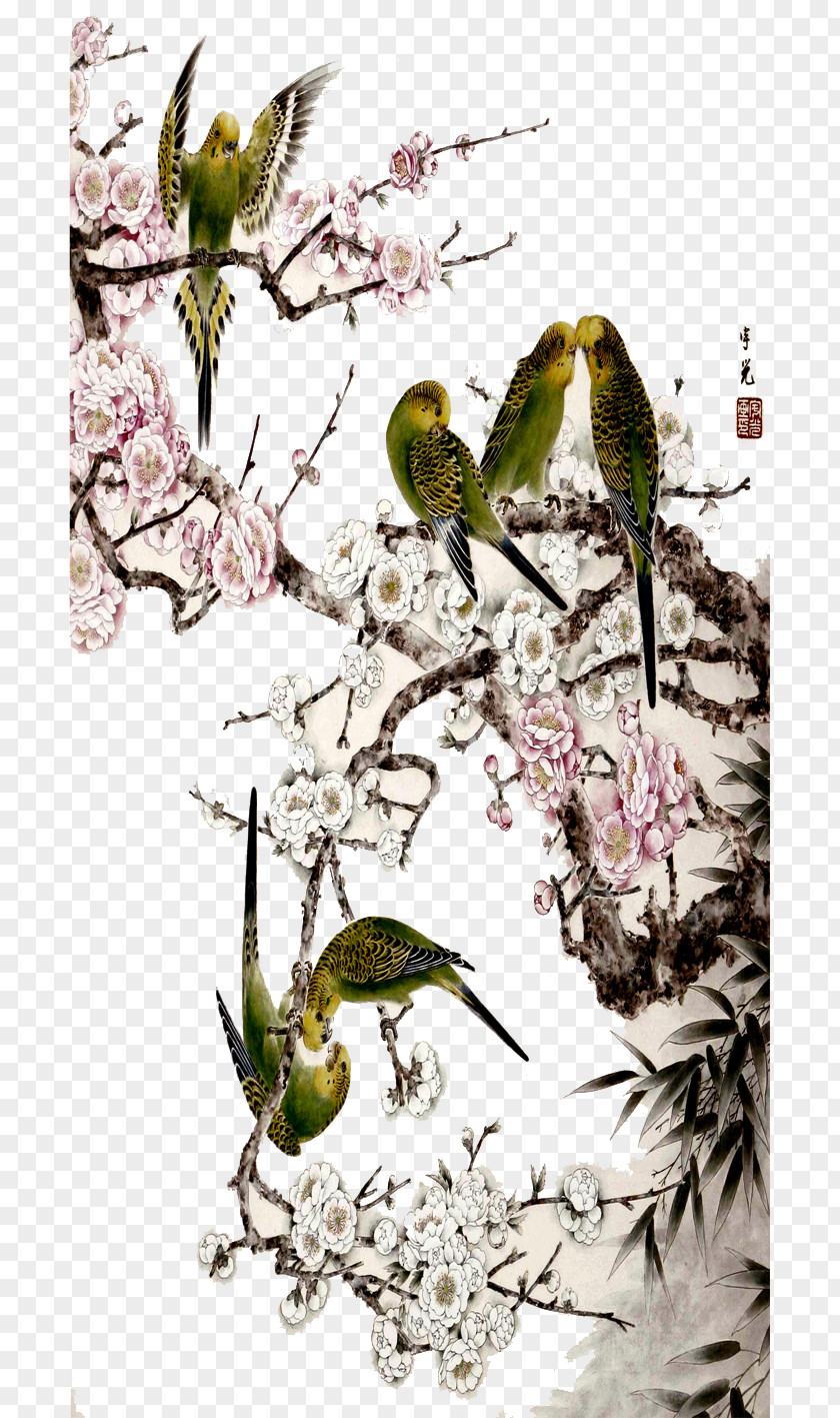 Birds And Flowers Bird-and-flower Painting Floral Design Gongbi Chinese PNG